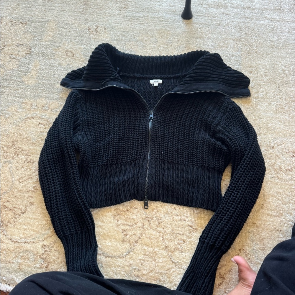 Aerie Black Cowl Neck Sweater with Ribbed Texture